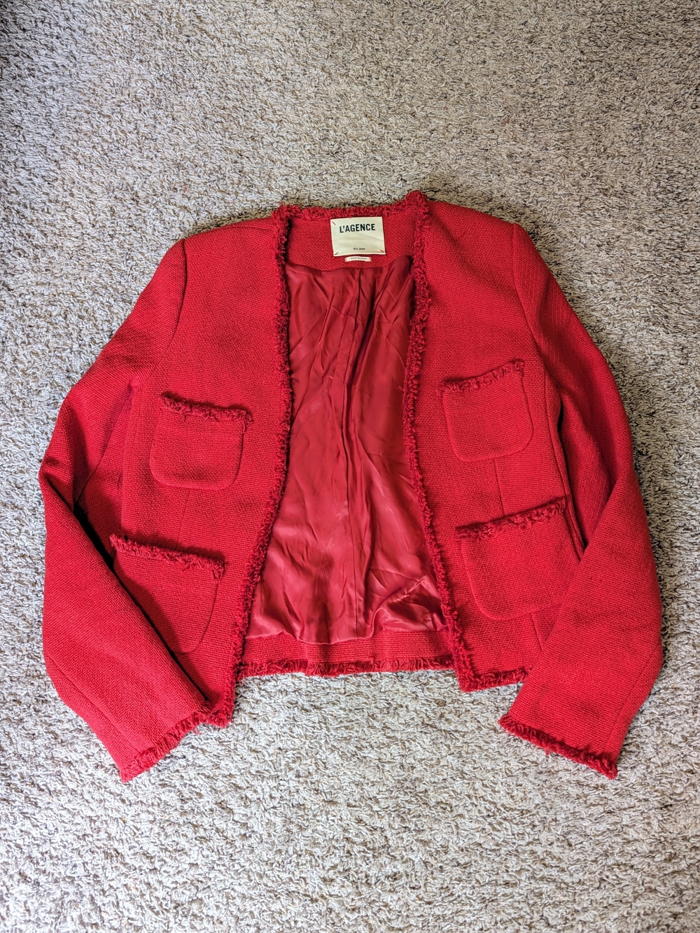 L'AGENCE Red Frayed-Trim Cropped Tweed Blazer